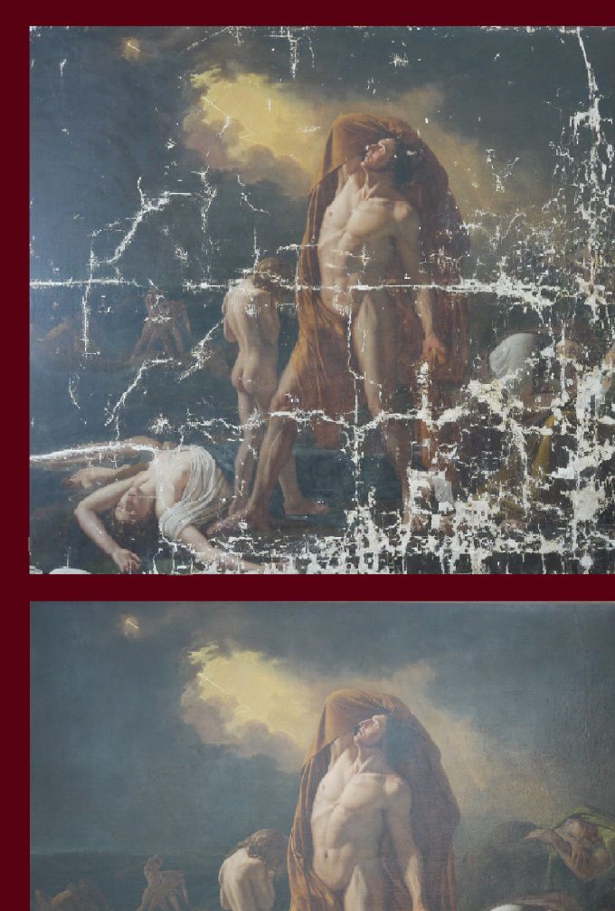 Travail de retouche en équipe sur un tableau de 9m2, Archevéché de Beirut, Liban.