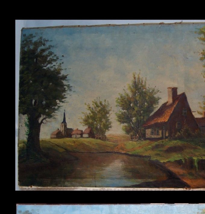 Avant/après restauration d'une huile sur toile, 100x50cm.